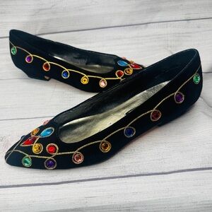 J. Renee Vintage Black Suede Multicolor Jewel Gold Trim Low Heels Size 8M